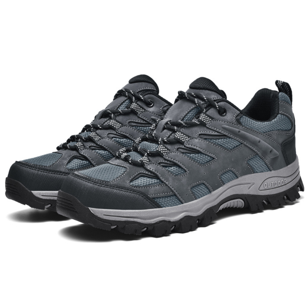 Graue Wanderschuhe, Outdoor-Schuhe, rutschfeste Sohle, atmungsaktiv, robustes Design.
