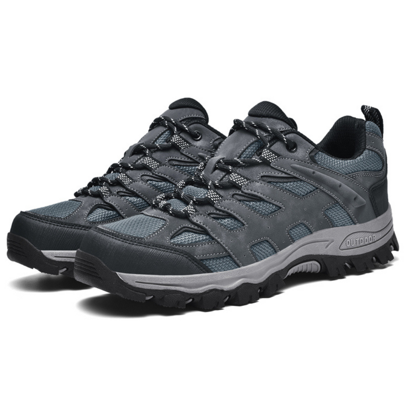 Graue Wanderschuhe, Outdoor-Schuhe, rutschfeste Sohle, atmungsaktiv, robustes Design.