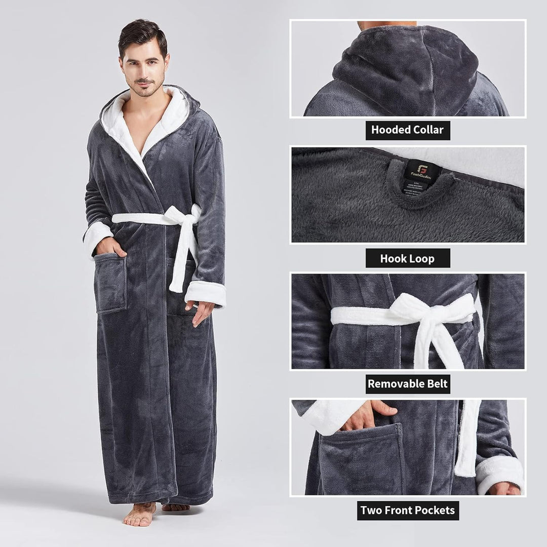 Mikrofaser-Bademantel Herren, grau, Kapuze, Gürtel, Taschen, weiches Fleece, gemütlich.