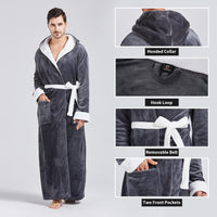 Mikrofaser-Bademantel Herren, grau, Kapuze, Gürtel, Taschen, weiches Fleece, gemütlich.