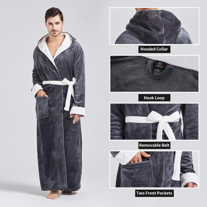 Mikrofaser-Bademantel Herren, grau, Kapuze, Gürtel, Taschen, weiches Fleece, gemütlich.