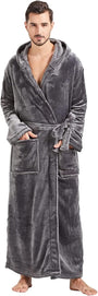 Grauer Herren-Bademantel mit Kapuze, Fleece, weich, warm, gemütlich, ideal für Zuhause.