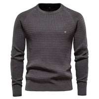 Grauer Herrenpullover aus 100% Baumwolle, O-Ausschnitt, Wintermode, hochwertiges Strickdesign.