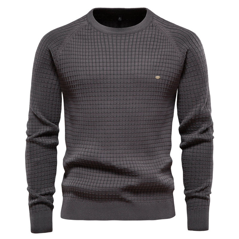 Grauer Herrenpullover aus 100% Baumwolle, O-Ausschnitt, Wintermode, hochwertiges Strickdesign.