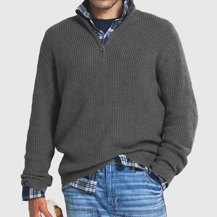 Grauer Herrenpullover mit Reißverschluss, Strick, lässig, warm, modisch, Herbstmode.