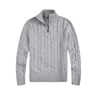 Grauer Strickpullover mit Zopfmuster, Reißverschluss, Herrenmode, Winterkleidung, Baumwolle.