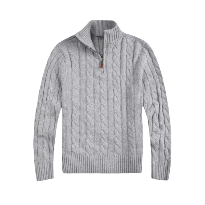 Grauer Strickpullover mit Zopfmuster, Reißverschluss, Herrenmode, Winterkleidung, Baumwolle.