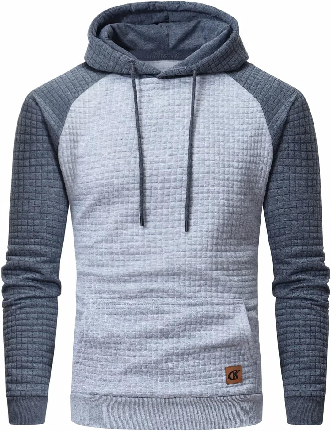 Grauer Kapuzenpullover für Herren, gesteppter Stoff, Langarm, modisches Design.