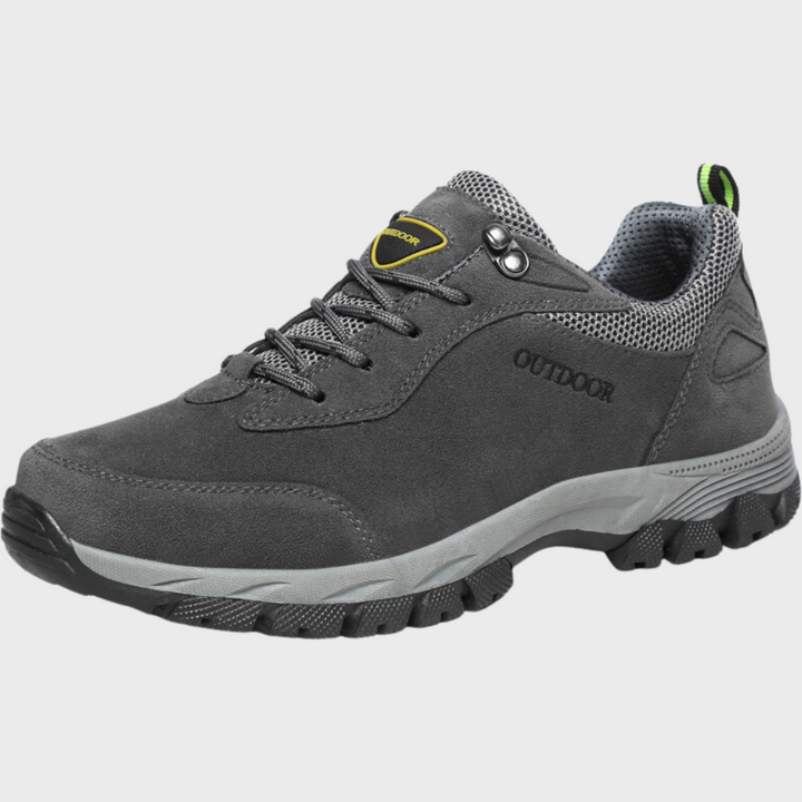 Grauer Outdoor-Wanderschuh, Herren, rutschfeste Sohle, atmungsaktiv, robustes Design.