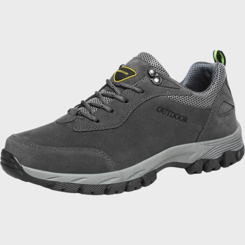 Grauer Outdoor-Wanderschuh, Herren, rutschfeste Sohle, atmungsaktiv, robustes Design.