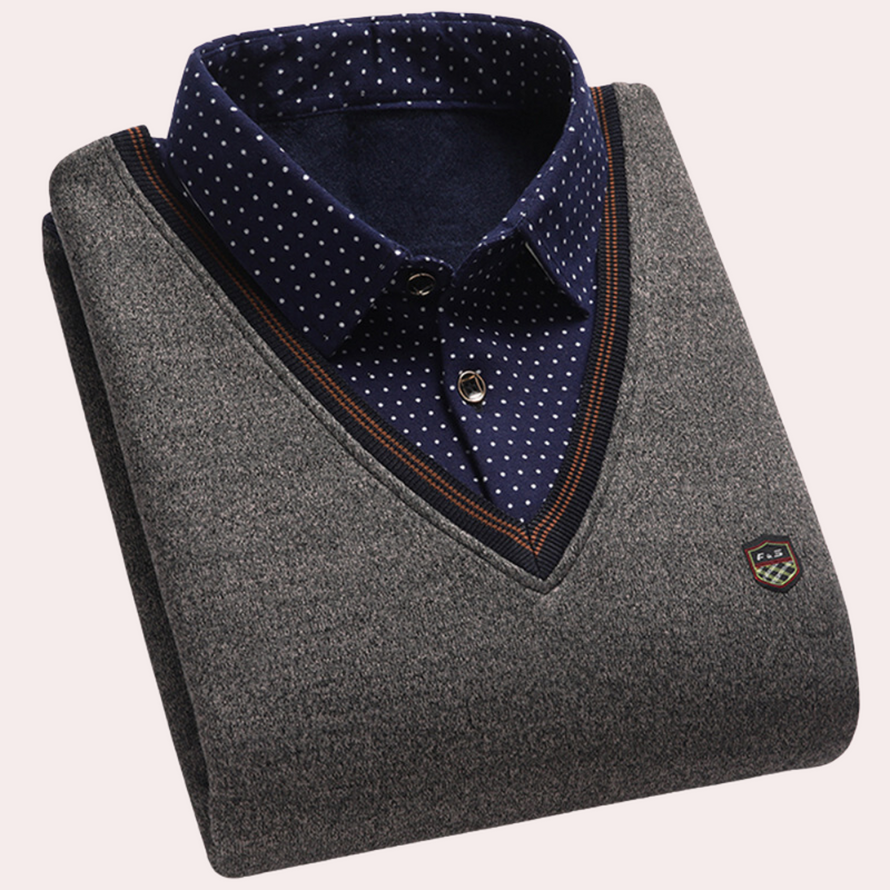 Grauer Herrenpullover mit blauem, gepunktetem Hemdkragen, elegantes Design, Baumwolle.