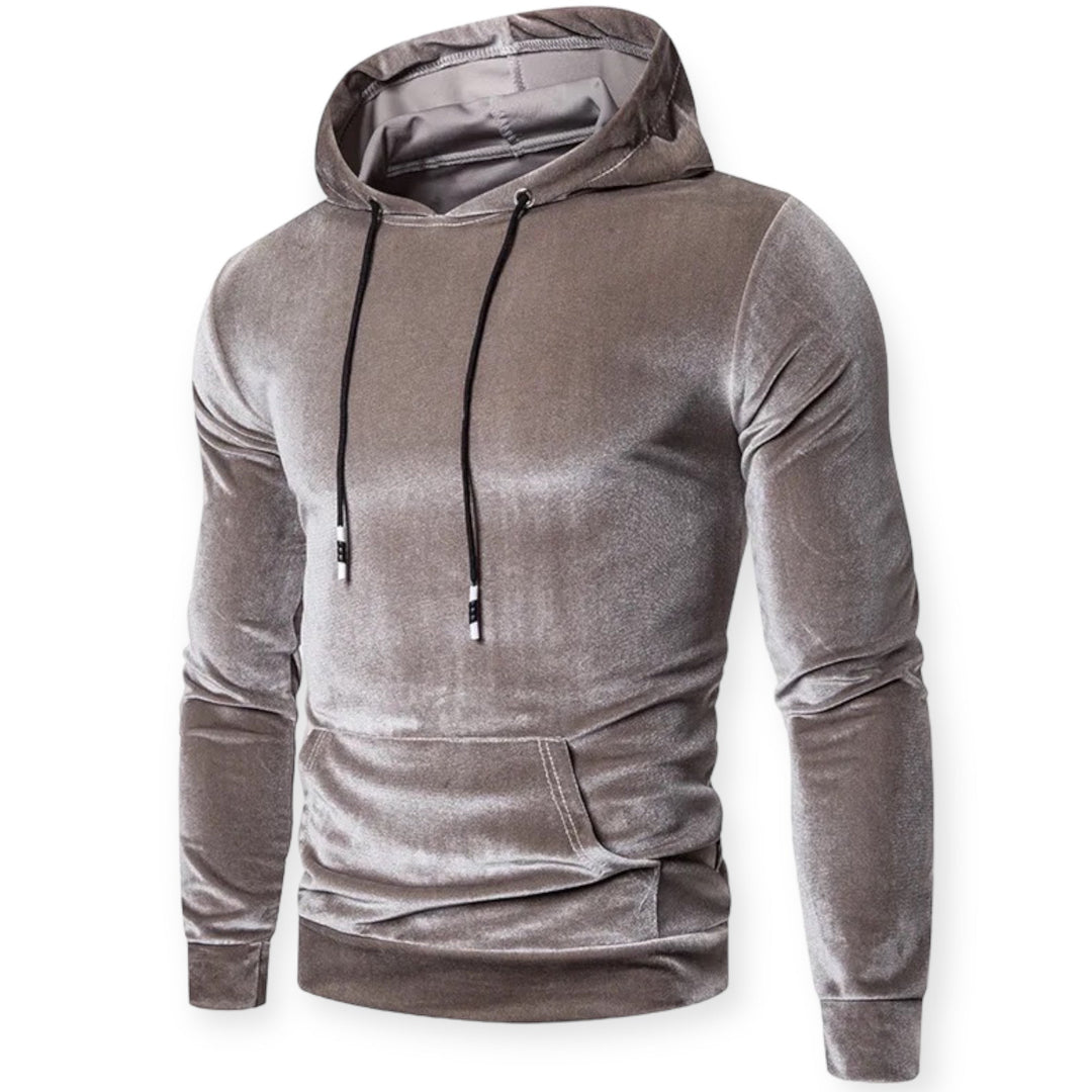 Grauer Samt-Hoodie für Herren, langärmelig, mit Kapuze und Kängurutasche, modisch.