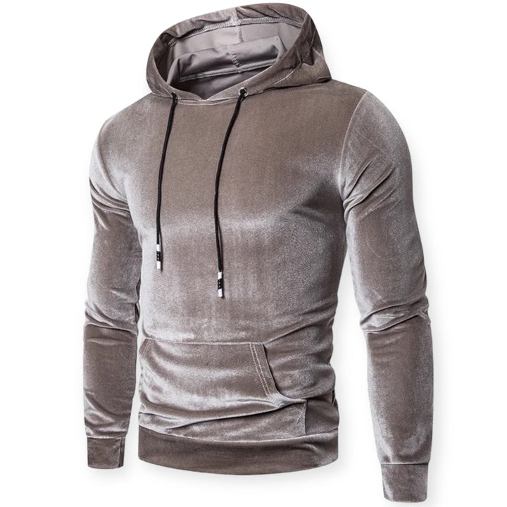 Grauer Samt-Hoodie für Herren, langärmelig, mit Kapuze und Kängurutasche, modisch.