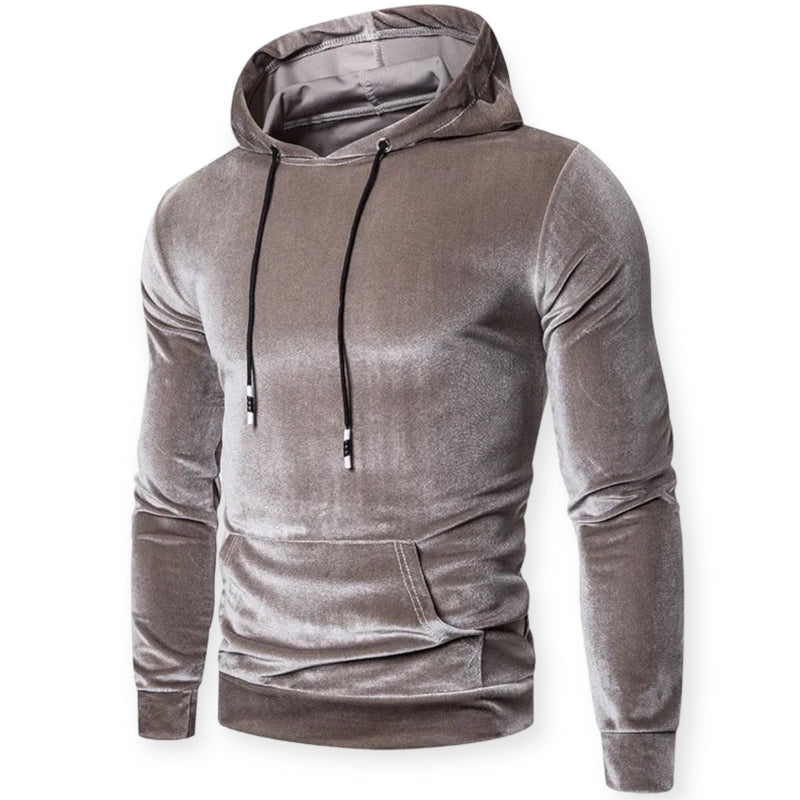 Grauer Samt-Hoodie für Herren, langärmelig, mit Kapuze und Kängurutasche, modisch.