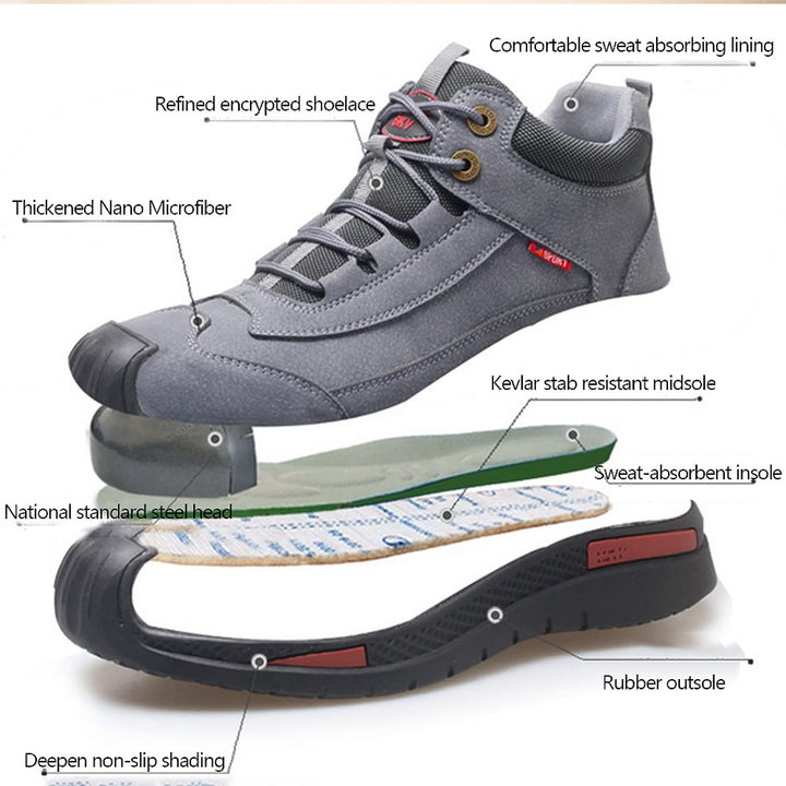 Grauer Sicherheitsschuh mit Stahlkappe, rutschfester Sohle, Kevlar, Nano-Mikrofaser, Herren.