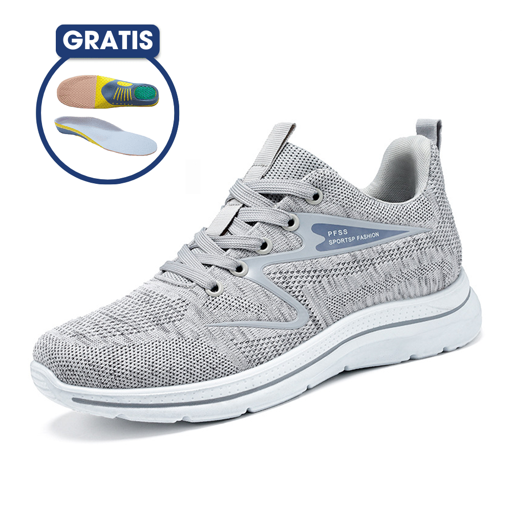 Grauer Sportschuh aus Mesh mit gratis Einlegesohle, bequeme Sneaker für Damen und Herren.