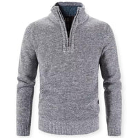 Grauer Herrenpullover mit Reißverschluss, Strick, warm, modisch, Winterkleidung, Freizeitmode.