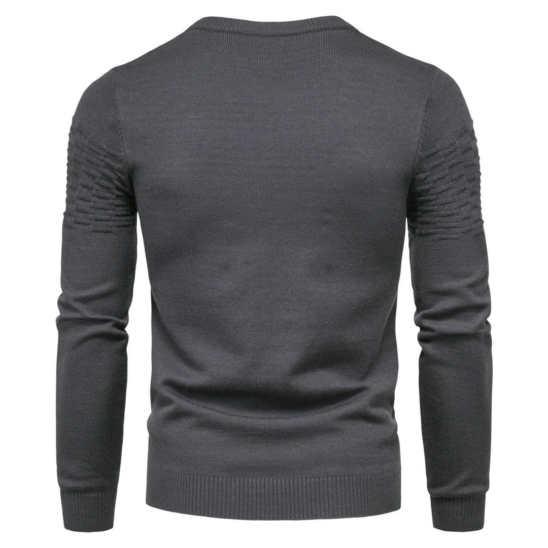 Dunkelgrauer Herrenpullover, Strick, Langarm, gerippt, modisch, bequem, Wintermode.