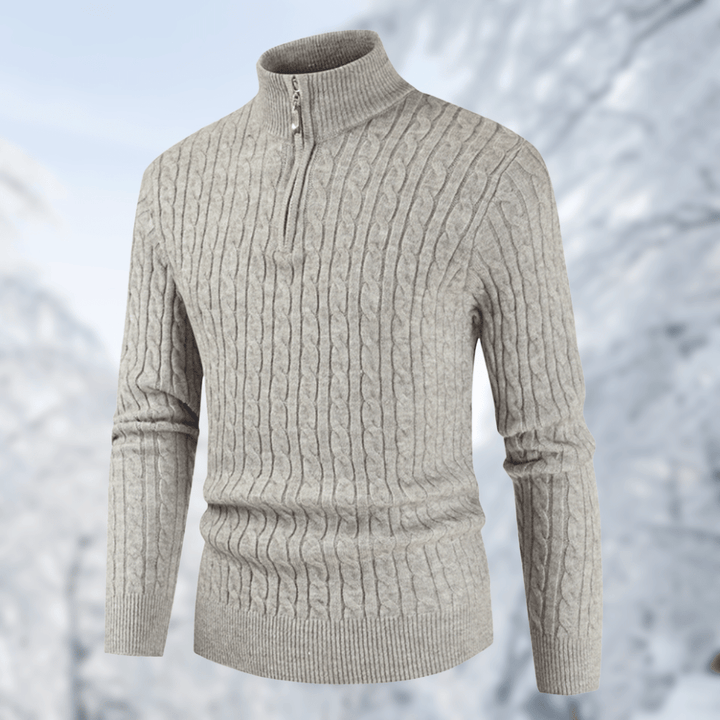 Grauer Strickpullover mit Zopfmuster, Reißverschluss, Herrenmode, Winterkleidung, warm, elegant.