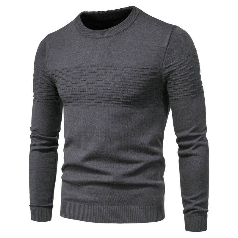 Dunkelgrauer Herrenpullover, Strickmuster, Rundhalsausschnitt, Langarm, modisch, warm.