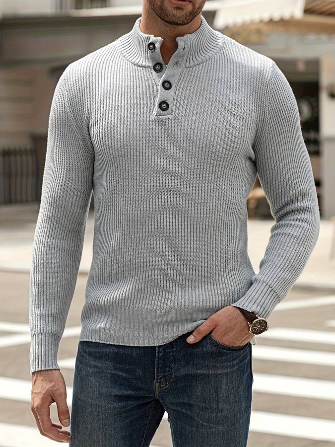 Grauer Herrenpullover mit Knopfleiste, Strick, modisch, lässig, Herbstmode, Langarm.