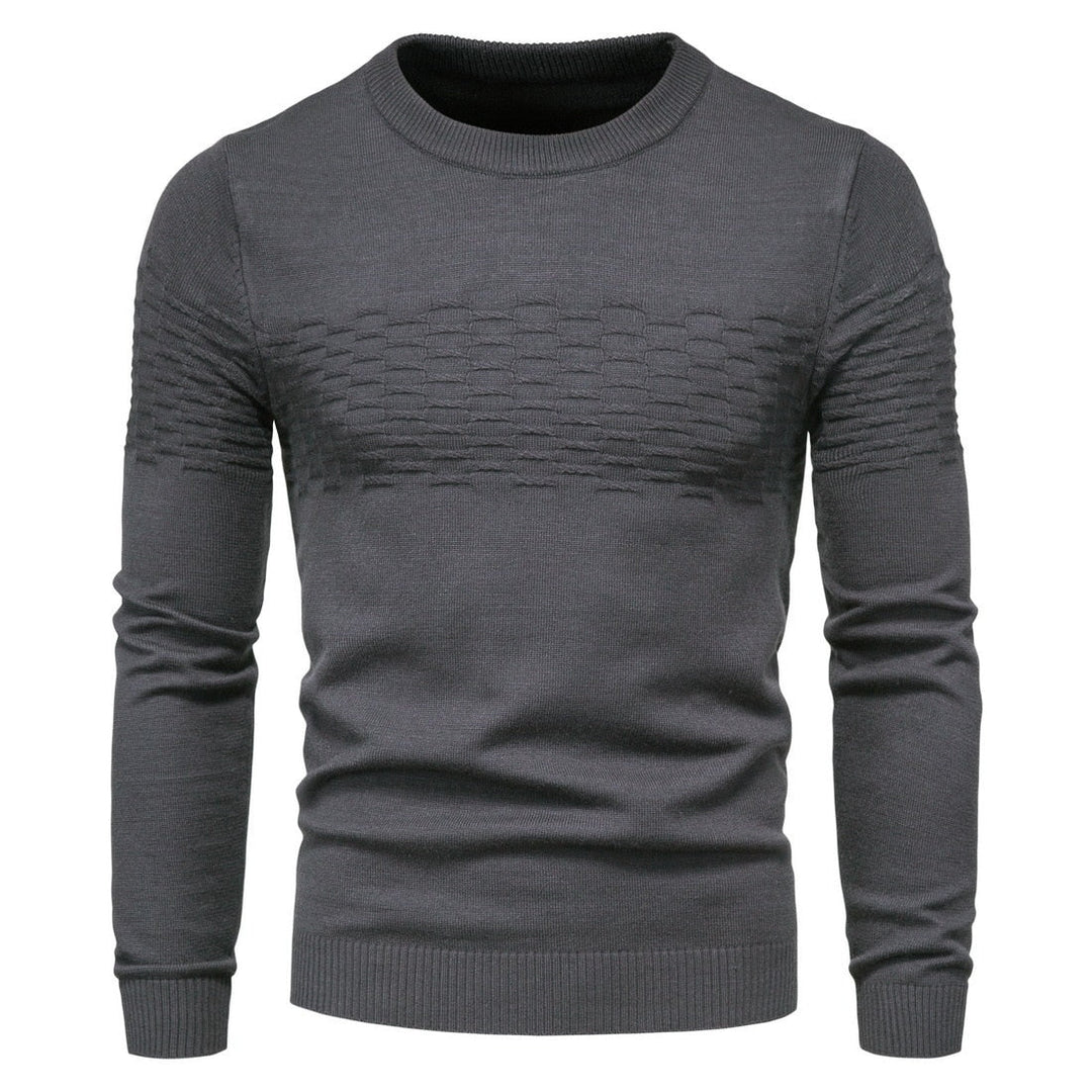 Grauer Herrenpullover, Strickmuster, Rundhalsausschnitt, Langarm, modisch, bequem.