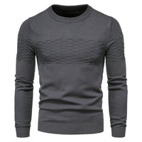 Grauer Herrenpullover, Strickmuster, Rundhalsausschnitt, Langarm, modisch, bequem.