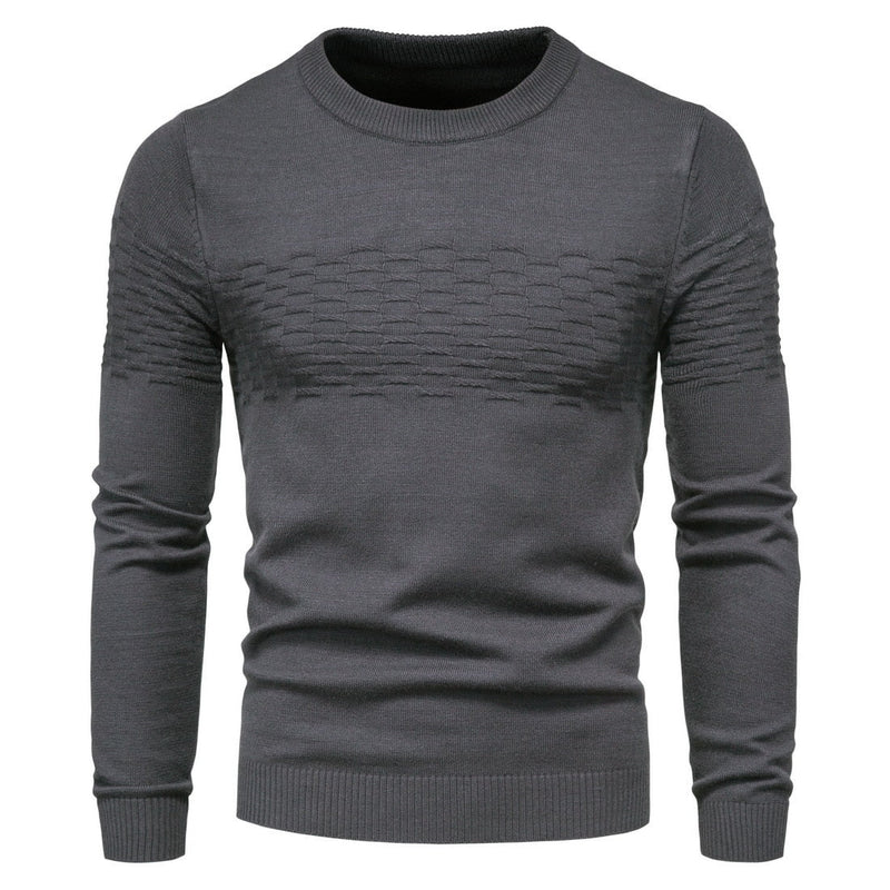 Grauer Herrenpullover, Strickmuster, Rundhalsausschnitt, Langarm, modisch, bequem.