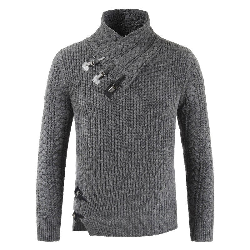 Dunkelgrauer Strickpullover mit Schalkragen und Zierknöpfen, Herrenmode, Winterkleidung.