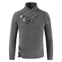 Dunkelgrauer Strickpullover mit Schalkragen und Zierknöpfen, Herrenmode, Winterkleidung.
