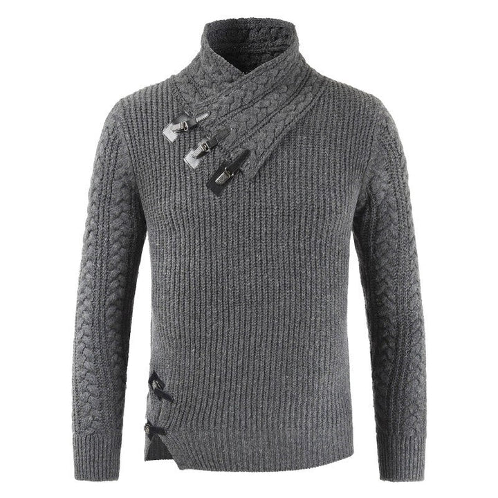 Dunkelgrauer Strickpullover mit Schalkragen und Zierknöpfen, Herrenmode, Winterkleidung.