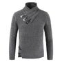 Dunkelgrauer Strickpullover mit Schalkragen und Zierknöpfen, Herrenmode, Winterkleidung.