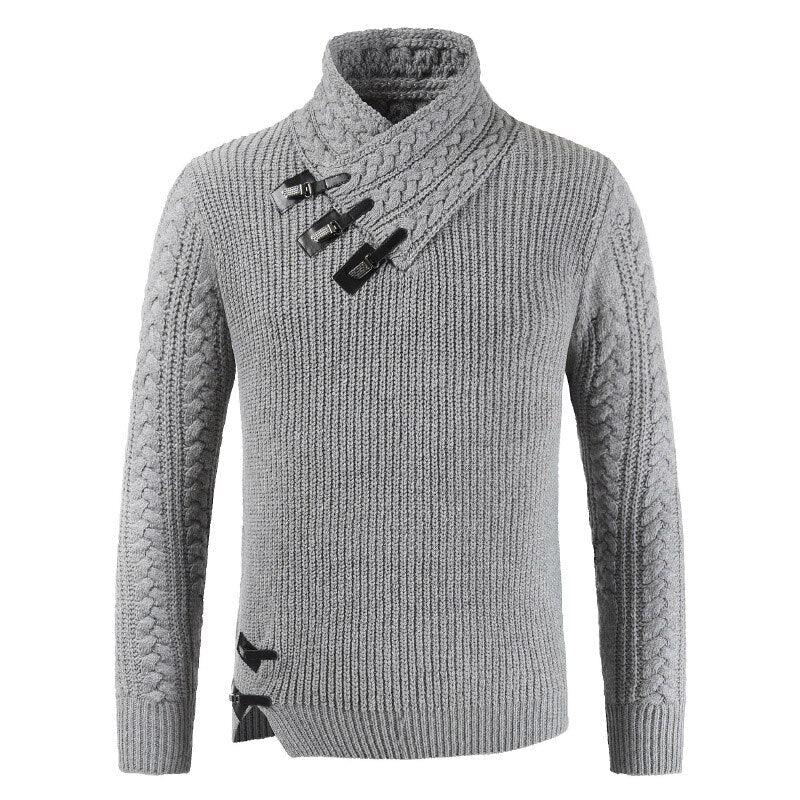 Grauer Strickpullover mit Schalkragen und Schnallen, Herrenmode, Winterkleidung, warm.