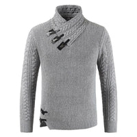 Grauer Strickpullover mit Schalkragen und Schnallen, Herrenmode, Winterkleidung, warm.