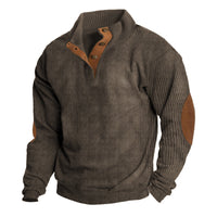 Brauner Herrenpullover mit Knopfleiste, Rippenstrick, Wildlederbesatz, Ellbogenpatches.