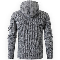 Grauer Strickpullover mit Kapuze, Herrenmode, warm, bequem, Winterkleidung, modisch.