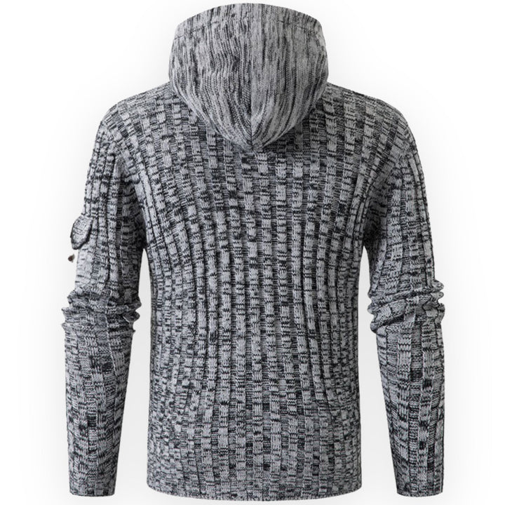 Grauer Strickpullover mit Kapuze, Herrenmode, warm, bequem, Winterkleidung, modisch.