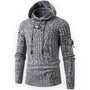 Grauer Strickpullover mit Kapuze, Kordelzug und Knöpfen, Herrenmode, Winterkleidung.