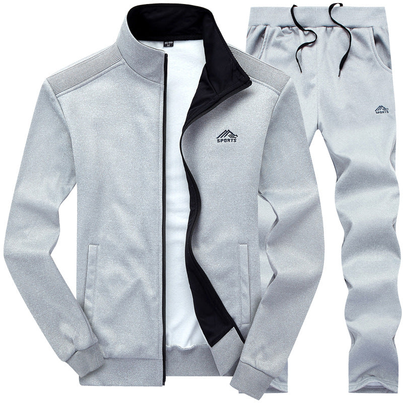 Grauer Herren-Trainingsanzug, Reißverschlussjacke und Jogginghose, Sportbekleidung.