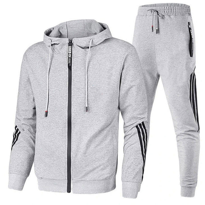 Grauer Herren-Trainingsanzug mit Kapuze, Reißverschluss und Streifen, Sportbekleidung.