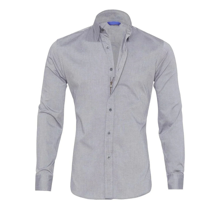Graues Herrenhemd mit Reißverschluss, langärmelig, schlank, Business-Casual-Stil.