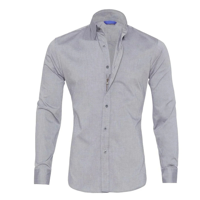 Graues Herrenhemd mit Reißverschluss, langärmelig, schlank, Business-Casual-Stil.