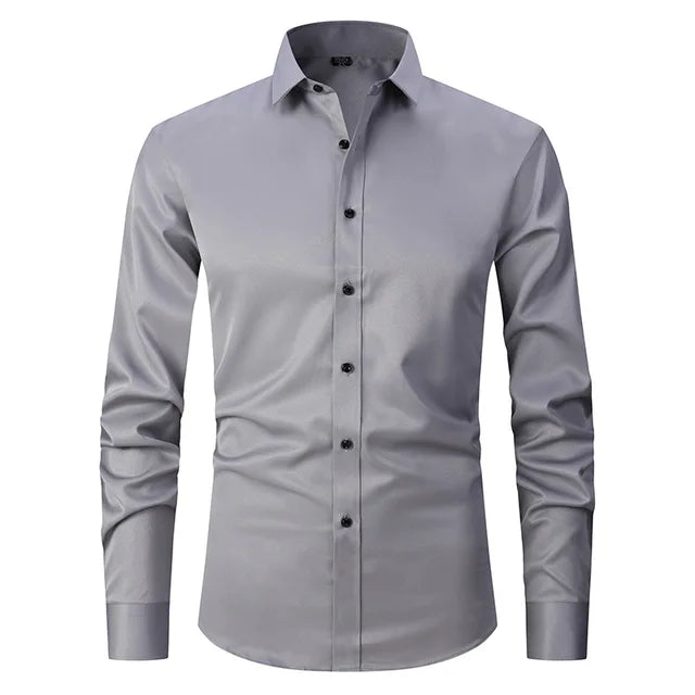 Graues Herrenhemd, knitterfrei, elastisch, komfortabel, langärmelig, Business-Stil.