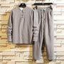 Graues Herren-Leinen-Set, langärmeliges Hemd und Hose, lässig, bequem, modisch.