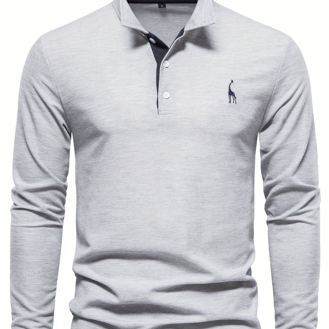 Graues Herren-Poloshirt, Langarm, Baumwolle, elegantes Design, Stickerei, Freizeitmode.