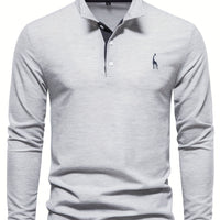 Graues Herren-Poloshirt, Langarm, Baumwolle, elegantes Design, Stickerei, Freizeitmode.