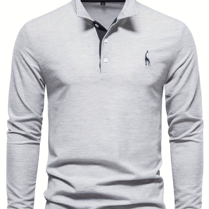 Graues Herren-Poloshirt, Langarm, Baumwolle, elegantes Design, Stickerei, Freizeitmode.
