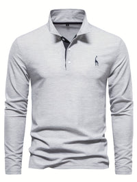 Graues Herren-Poloshirt, langärmelig, Baumwolle, mit gesticktem Logo, klassischer Kragen.
