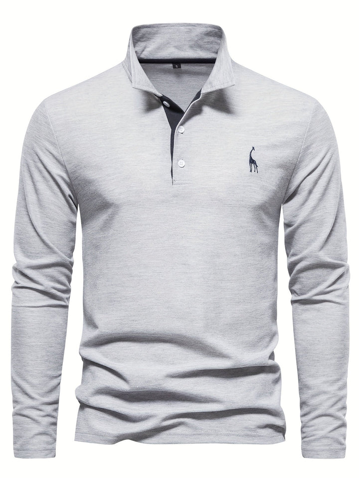 Graues Herren-Poloshirt, langärmelig, Baumwolle, mit gesticktem Logo, klassischer Kragen.