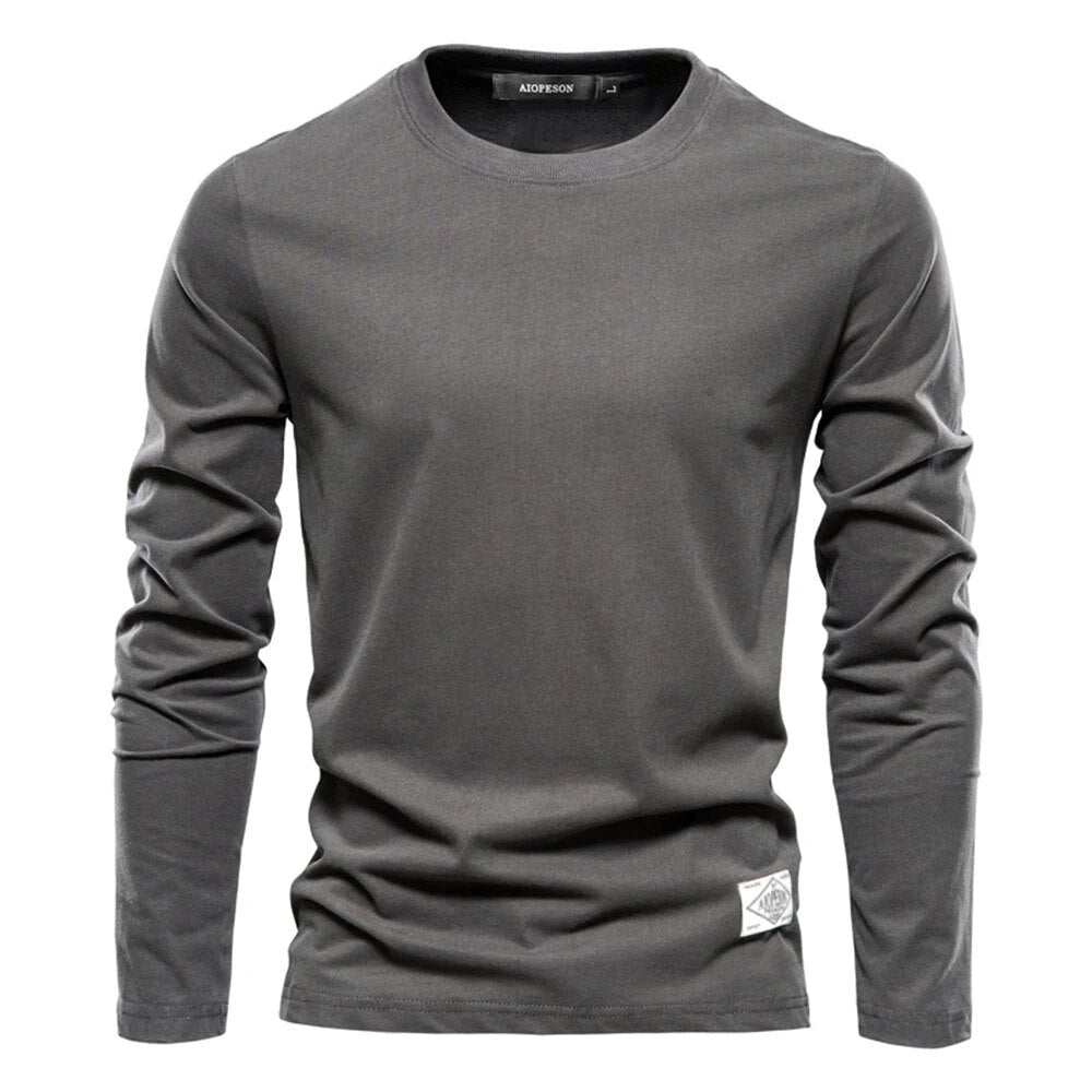 Graues Langarmshirt für Herren, Baumwolle, Rundhalsausschnitt, lässig, modisch.